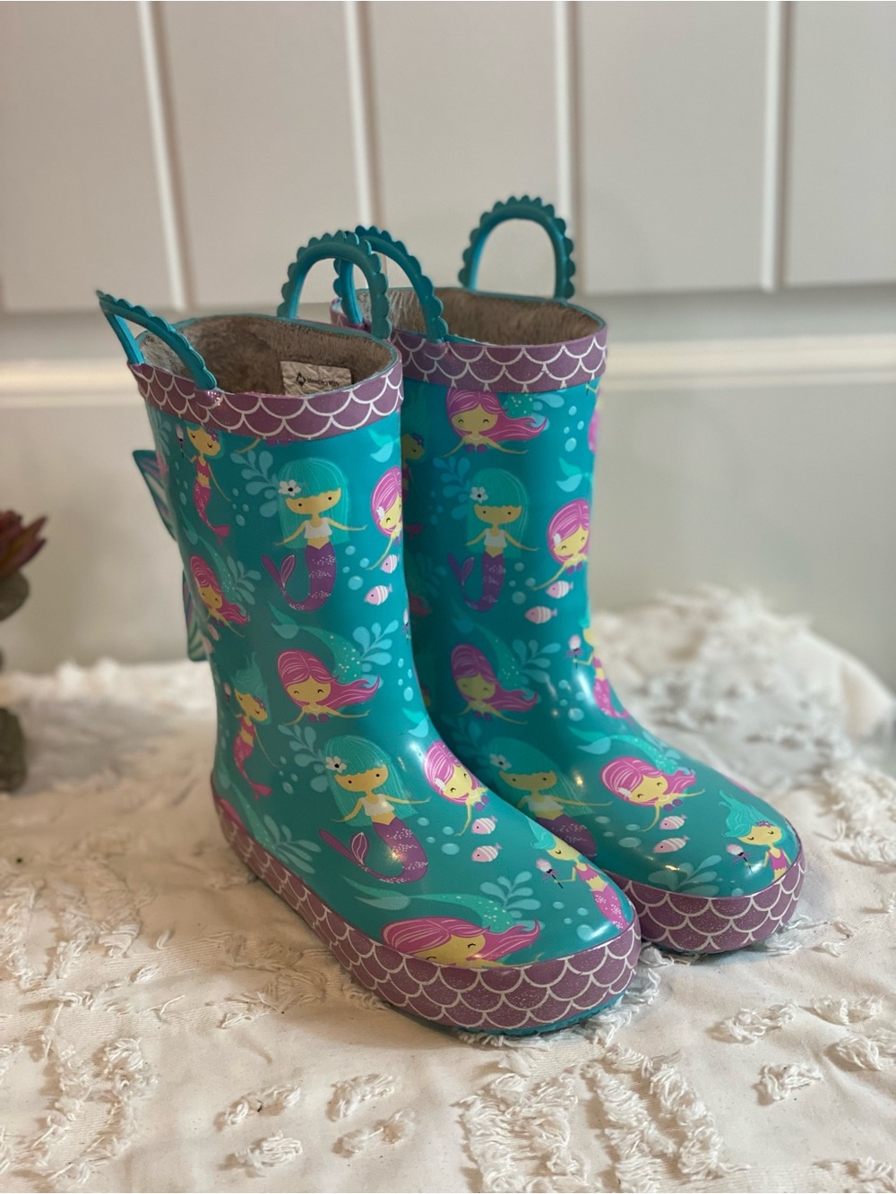 Kids Teal Mermaid Rain Boots with Purple Trim